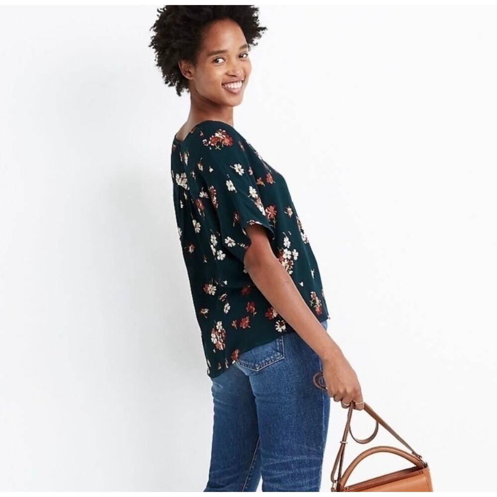 Madewell Rhyme Top Blouse Hunter Green Spruce Blooms Floral XS Short Sleeve